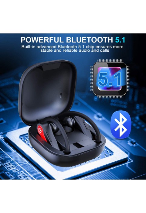 Donerton Wireless Earbuds, Bluetooth 5.1 Sport Headphones, 10Hours Single Playtime Earhooks Headset, Wireless Earphone 6D Stereo HiFi Sound Noise Cancelling for Working/Travel/Gym, Black Red