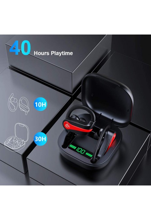 Donerton Wireless Earbuds, Bluetooth 5.1 Sport Headphones, 10Hours Single Playtime Earhooks Headset, Wireless Earphone 6D Stereo HiFi Sound Noise Cancelling for Working/Travel/Gym, Black Red