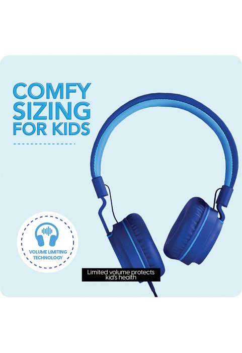 TALK WORKS Corded Headphones for Kids - Over Ear Headphones for Home, School, and Gaming - Lightweight, Portable, Cushioned Earcups, and Adjustable Headband - Comes in Fun Colors - One Size, Blue