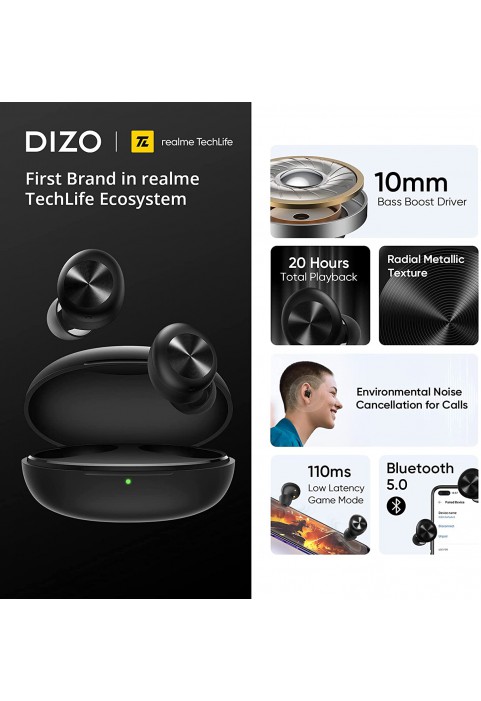 DIZO GoPods D Bluetooth Earbuds Wireless Headphones, Clear Calls, Environmental Noise Cancellation, Deep Bass Boost, Waterproof Stereo TWS Earphones, Touch Control, Low Latency, Sports Headsets Black