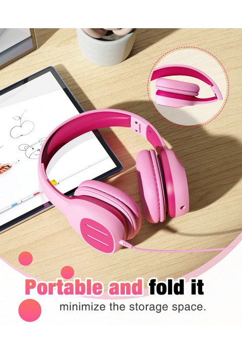 KVIDIO Kids Headphones with Mic, Foldable Wired Child Headphones with Safe Volume Limited 85dB/94dB and HD Sound Sharing Fundtion, Durable Pink Headsets for Girls,iPad,PC,Cellphone,Online Class