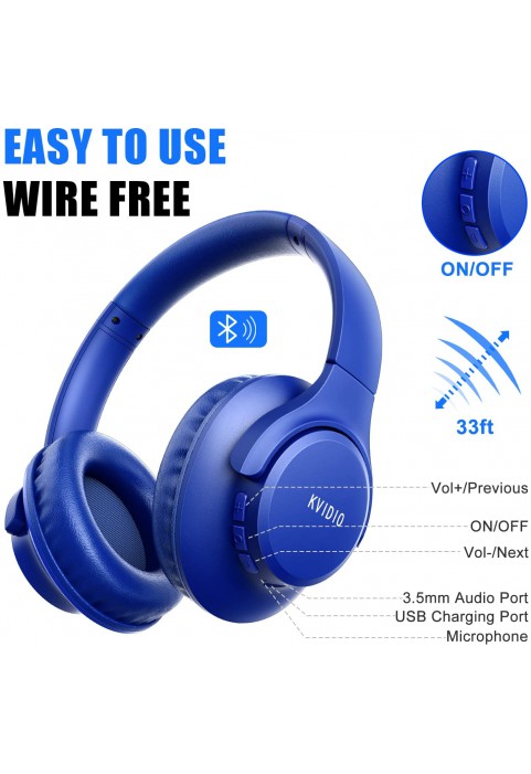 Bluetooth Headphones Over Ear,KVIDIO 55 Hours Playtime Wireless Headphones with Microphone,Foldable Lightweight Headset with Deep Bass,HiFi Stereo Sound for Travel Work Laptop PC Cellphone (Blue)