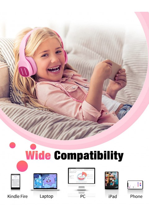 KVIDIO Kids Headphones with Mic, Foldable Wired Child Headphones with Safe Volume Limited 85dB/94dB and HD Sound Sharing Fundtion, Durable Pink Headsets for Girls,iPad,PC,Cellphone,Online Class