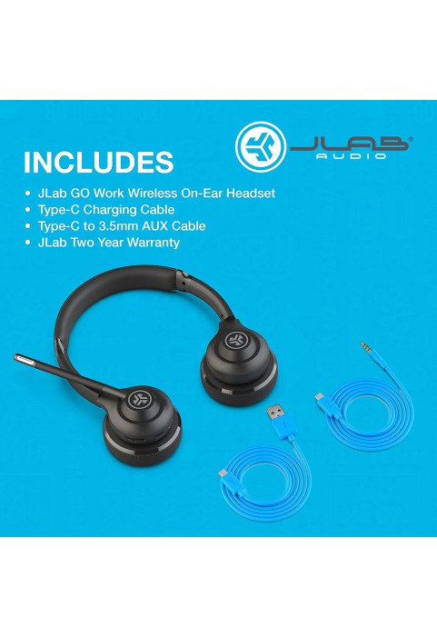 JLab Go Work Wireless On-Ear Headphones with Boom Mic | Bluetooth or Wired Office Headset | Multipoint Connect | 45+ Hours Playtime | Clear Calls and Video Calls Using Your Computer or Mobile Device