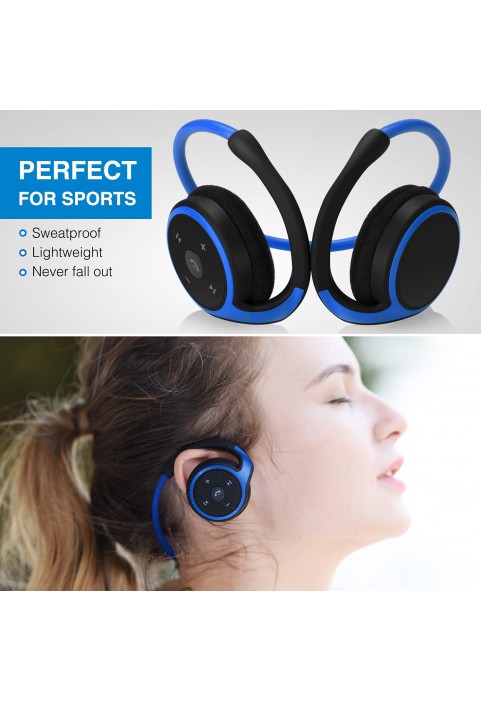 Small Bluetooth Headphones Wrap Around Head - Sports Wireless Headset with Built in Microphone and Crystal-Clear Sound, Foldable and Carried in The Purse, and 12-Hour Battery Life, Blue