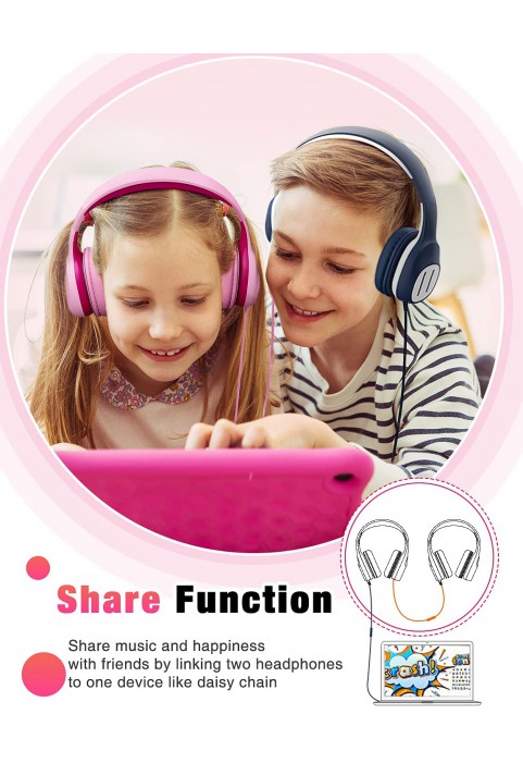 KVIDIO Kids Headphones with Mic, Foldable Wired Child Headphones with Safe Volume Limited 85dB/94dB and HD Sound Sharing Fundtion, Durable Pink Headsets for Girls,iPad,PC,Cellphone,Online Class