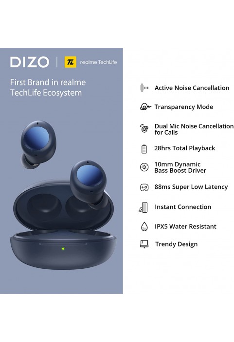 DIZO GoPods D Bluetooth Earbuds Wireless Headphones, Clear Calls, Environmental Noise Cancellation, Deep Bass Boost, Waterproof Stereo TWS Earphones, Touch Control, Low Latency, Sports Headsets Black