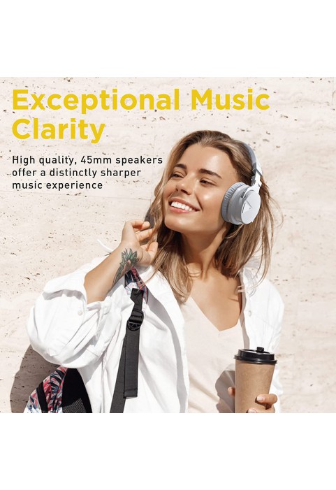 Reverbix E7 Noise Canceling Headphones Overhead Bluetooth Headphones with Mic for Phone-Call, Comfortable Wireless Headphones &amp; Light Weight, Deep Bass, 35-Hour Battery Life, White