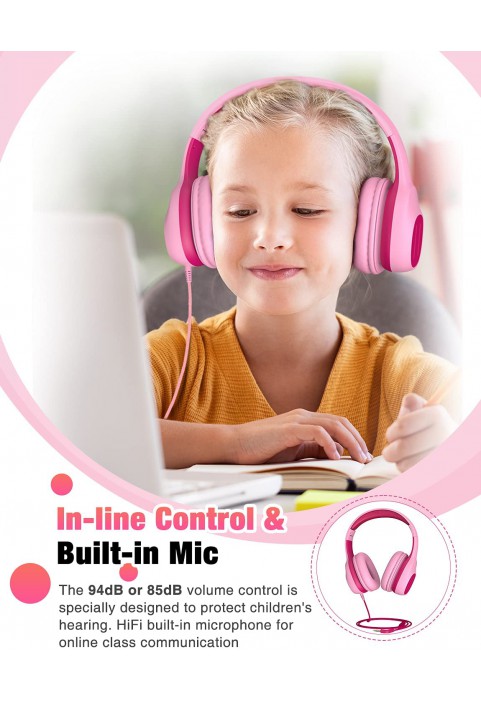 KVIDIO Kids Headphones with Mic, Foldable Wired Child Headphones with Safe Volume Limited 85dB/94dB and HD Sound Sharing Fundtion, Durable Pink Headsets for Girls,iPad,PC,Cellphone,Online Class