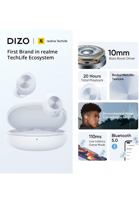 DIZO GoPods D Bluetooth Earbuds Wireless Headphones, Clear Calls, Environmental Noise Cancellation, Deep Bass Boost, Waterproof Stereo TWS Earphones, Touch Control, Low Latency, Sports Headsets Black