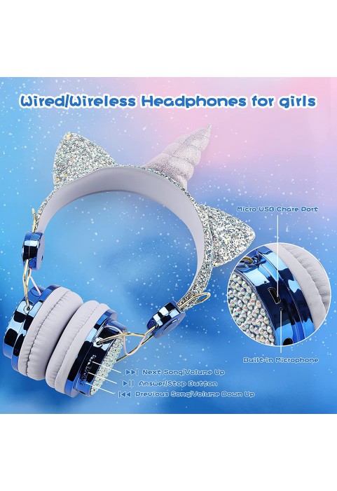 Kids Headphones, Unicorn Bluetooth/Wired Headphones with Microphone Adjustable Headband,85dB Volume Limited HD Sound Headphones for School, Birthday, Xmas, Unicorn Gift (Diamond Blue)