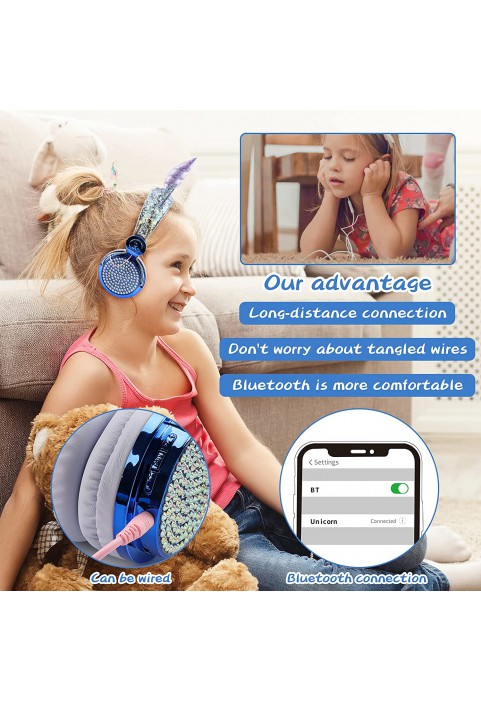 Kids Headphones, Unicorn Bluetooth/Wired Headphones with Microphone Adjustable Headband,85dB Volume Limited HD Sound Headphones for School, Birthday, Xmas, Unicorn Gift (Diamond Blue)