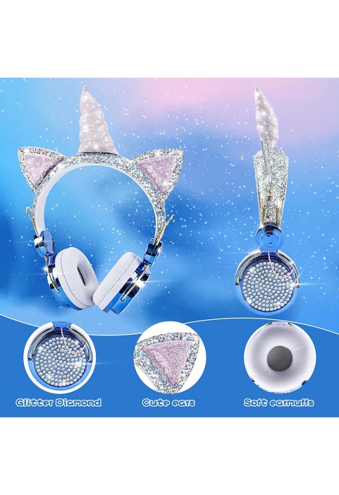 Kids Headphones, Unicorn Bluetooth/Wired Headphones with Microphone Adjustable Headband,85dB Volume Limited HD Sound Headphones for School, Birthday, Xmas, Unicorn Gift (Diamond Blue)