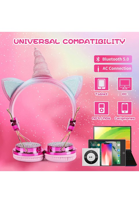 Kids Headphones, Unicorn Bluetooth/Wired Headphones with Microphone Adjustable Headband,85dB Volume Limited HD Sound Headphones for School, Birthday, Xmas, Unicorn Gift (Diamond Blue)