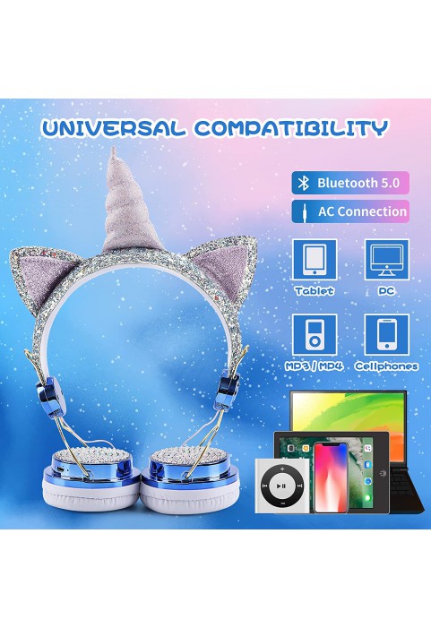 Kids Headphones, Unicorn Bluetooth/Wired Headphones with Microphone Adjustable Headband,85dB Volume Limited HD Sound Headphones for School, Birthday, Xmas, Unicorn Gift (Diamond Blue)