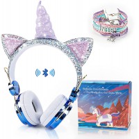 Kids Headphones, Unicorn Bluetooth/Wired Headphones with Microphone Adjustable Headband,85dB Volume Limited HD Sound Headphones for School, Birthday, Xmas, Unicorn Gift (Diamond Blue)