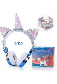 Kids Headphones, Unicorn Bluetooth/Wired Headphones with Microphone Adjustable Headband,85dB Volume Limited HD Sound Headphones for School, Birthday, Xmas, Unicorn Gift (Diamond Blue)